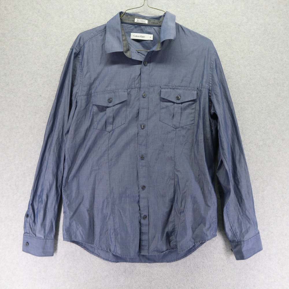 Calvin Klein Shirt Mens Medium Casual Flap Pocket Button Up Blue Long Sleeve